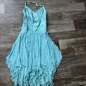 Issue New York Women's 12 Blue Long Silk Gown Dress Halter Fairy Cottage Whimsy